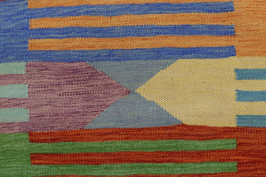 Flat Weave Kilim Antique Navaho Vintage handmade Modern Kilim Blue Rust Hand-Woven Rectangle 100% Wool Area Rug 4x6 