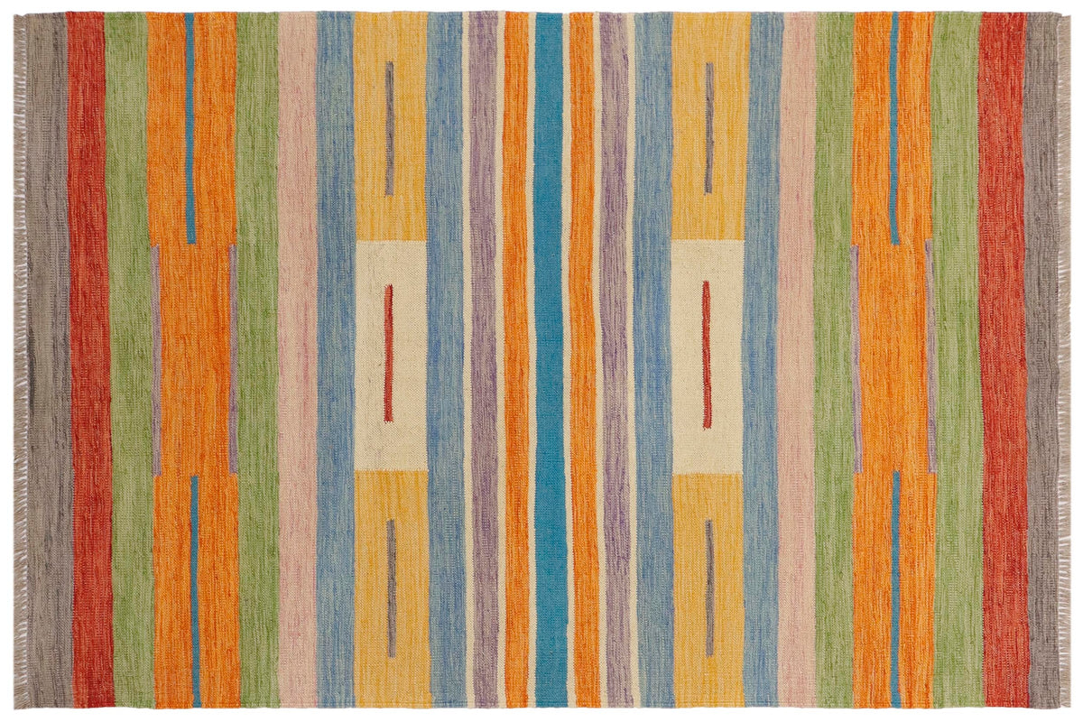 4x6 hand woven Turkish Modern Kilim wool rug in blue and beige - Turkish Chevron Declan