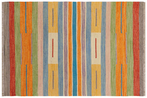 handmade Modern Kilim Blue Beige Hand-Woven RECTANGLE 100% WOOL area rug 4x6