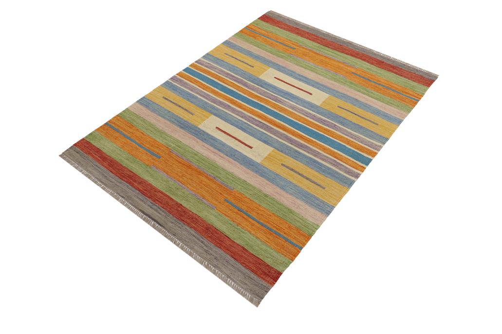Flat Weave Kilim Antique Navaho Vintage handmade Modern Kilim Blue Beige Hand-Woven Rectangle 100% Wool Area Rug 4x6 
