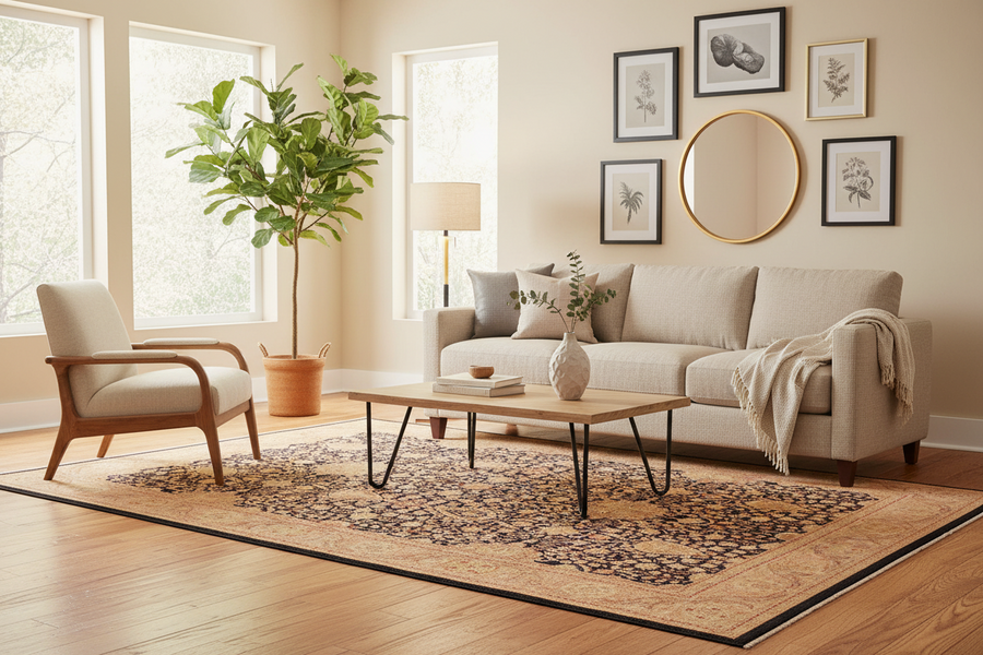 Antique-style Sultanabad rug styled in a living room, 9x12