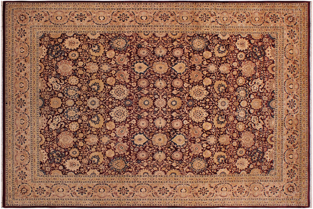 handmade Transitional Tabriz Maroon Tan Hand Knotted RECTANGLE 100% WOOL area rug 9x12