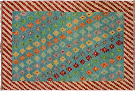 Contemporary Balochi Danica Blue/Beige Wool Rug - 4'0''X5'10''