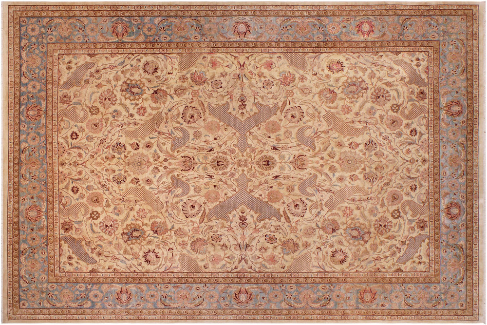 handmade Traditional Agra Ivory Lt. Blue Hand Knotted RECTANGLE 100% WOOL area rug 9x12