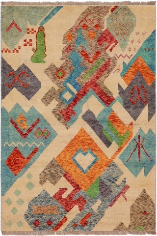 Shabby Chic Balochi Priscill Beige/Blue Wool Rug - 3'6''X5'1''