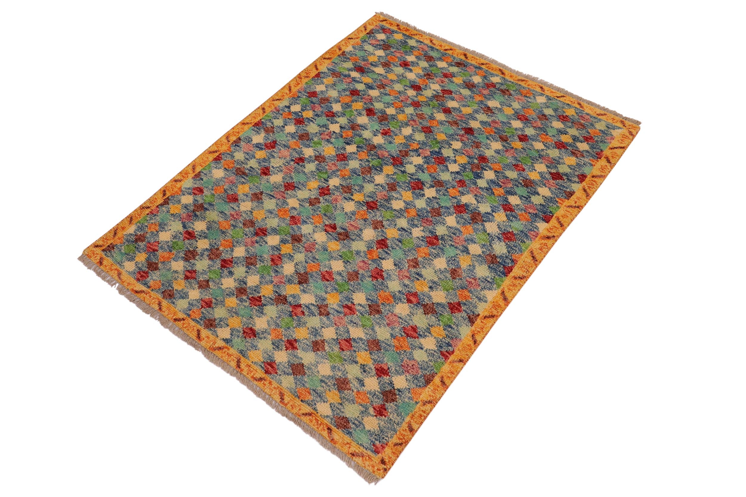 handmade Modern Balouchi Blue Gold Hand Knotted RECTANGLE 100% WOOL area rug 4x5