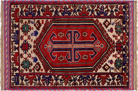 handmade Geometric Balouchi Red Beige Hand Knotted RECTANGLE 100% WOOL area rug 3x5