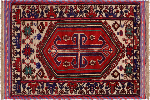 handmade Geometric Balouchi Red Beige Hand Knotted RECTANGLE 100% WOOL area rug 3x5