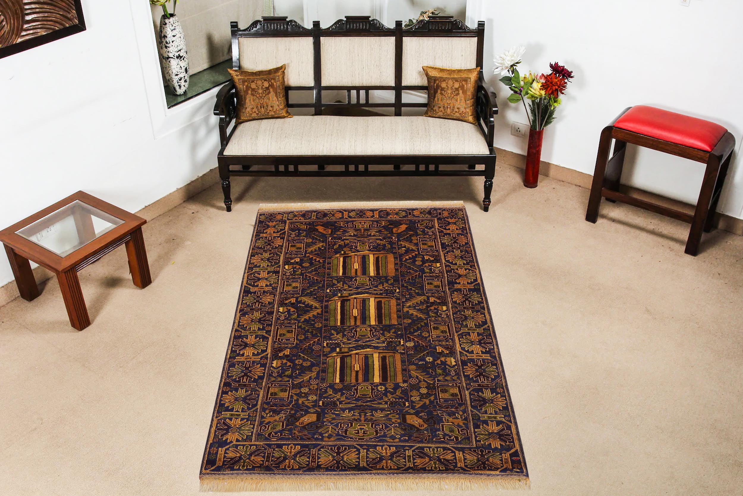 handmade Geometric Balouchi Blue Brown Hand Knotted RECTANGLE 100% WOOL area rug 4x7