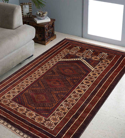 handmade Geometric Balouchi Maroon Red Hand Knotted RECTANGLE 100% WOOL area rug 3x5