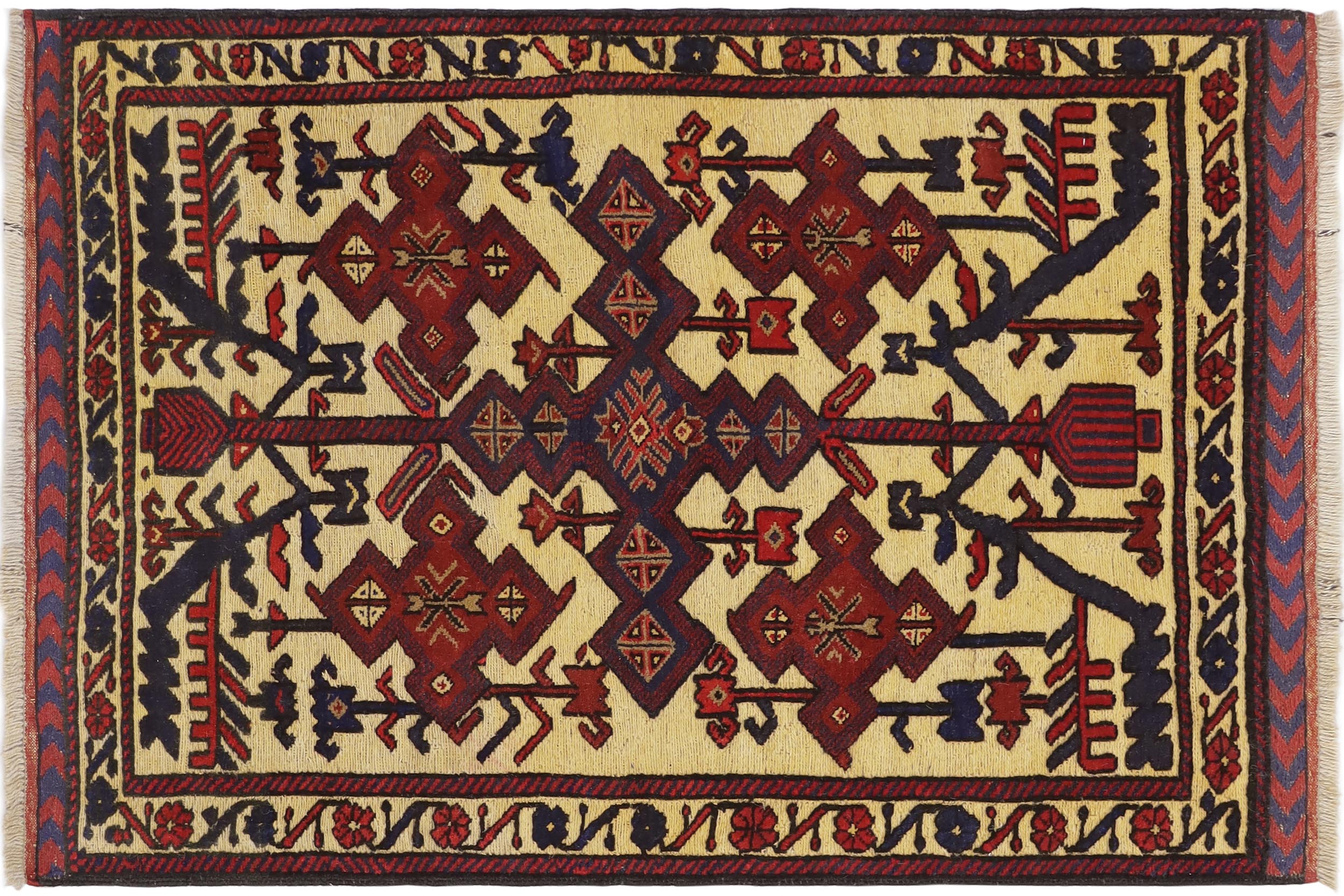 handmade Geometric Balouchi Tan Red Hand Knotted RECTANGLE 100% WOOL area rug 3x4