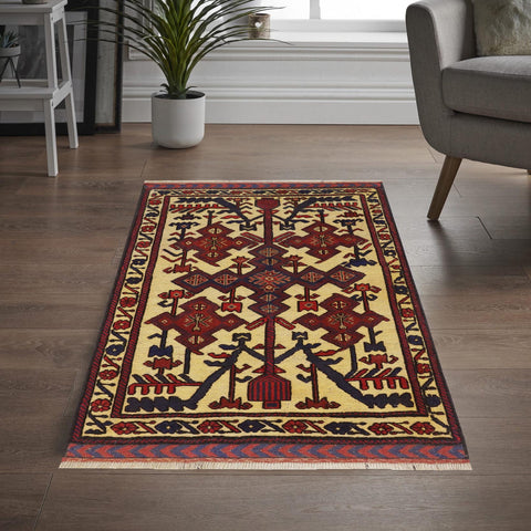 handmade Geometric Balouchi Tan Red Hand Knotted RECTANGLE 100% WOOL area rug 3x4