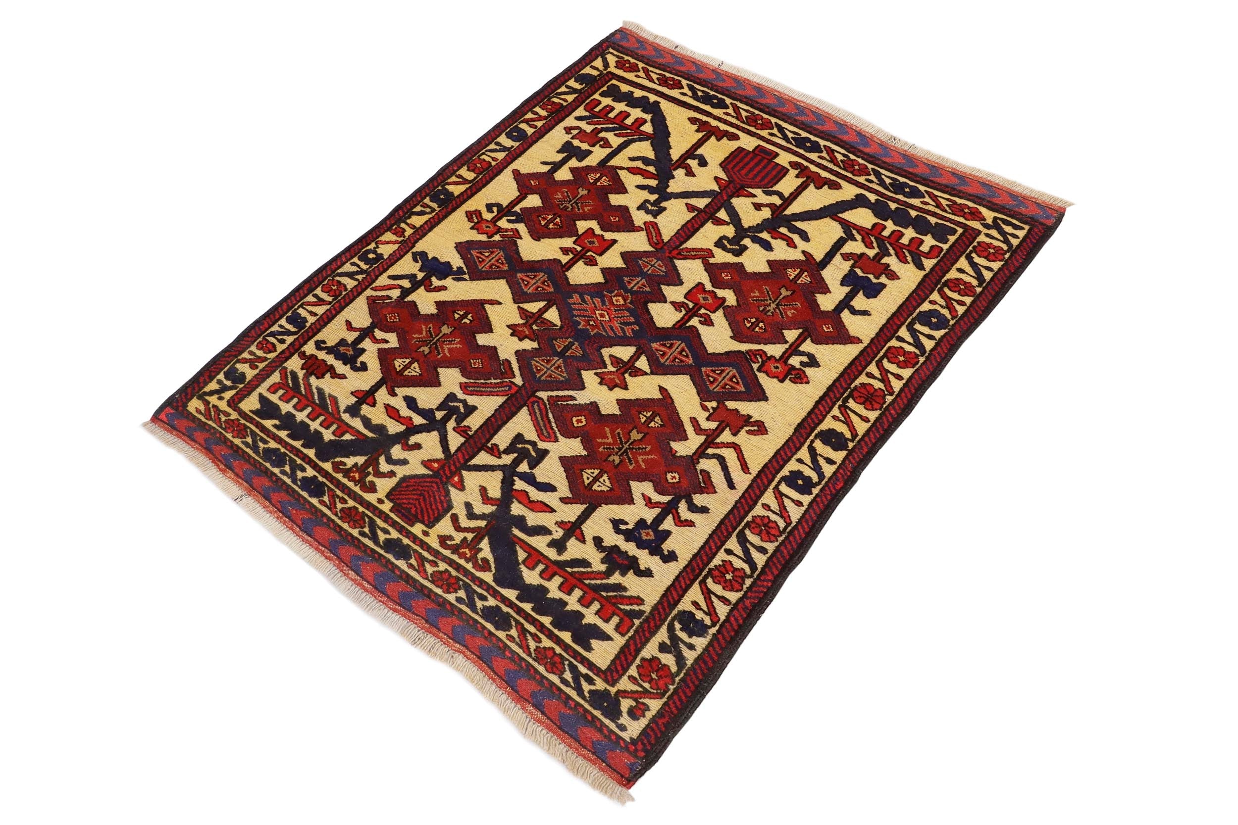 handmade Geometric Balouchi Tan Red Hand Knotted RECTANGLE 100% WOOL area rug 3x4