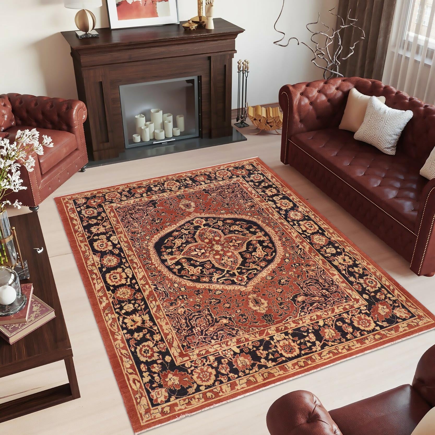 handmade Traditional Kafkaz Rust Blue Hand Knotted RECTANGLE 100% WOOL area rug 8' x 9'
