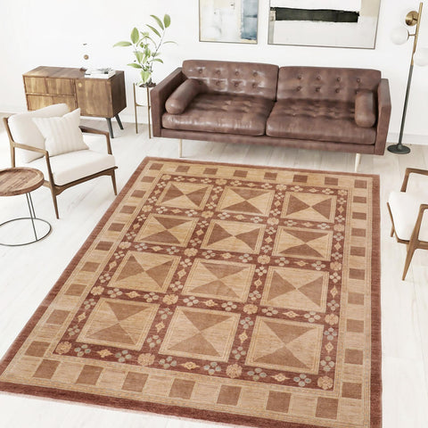 handmade Modern Kafkaz Brown Tan Hand Knotted RECTANGLE 100% WOOL area rug 8' x 10'