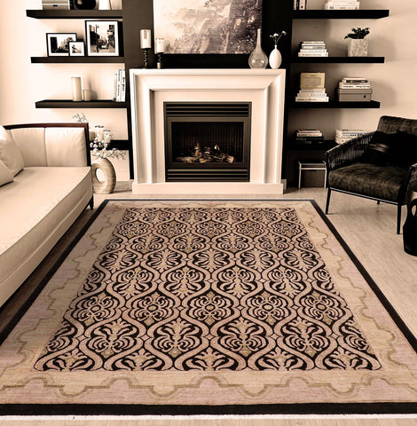 handmade Transitional Kafkaz Black Tan Hand Knotted RECTANGLE 100% WOOL area rug 8' x 10'