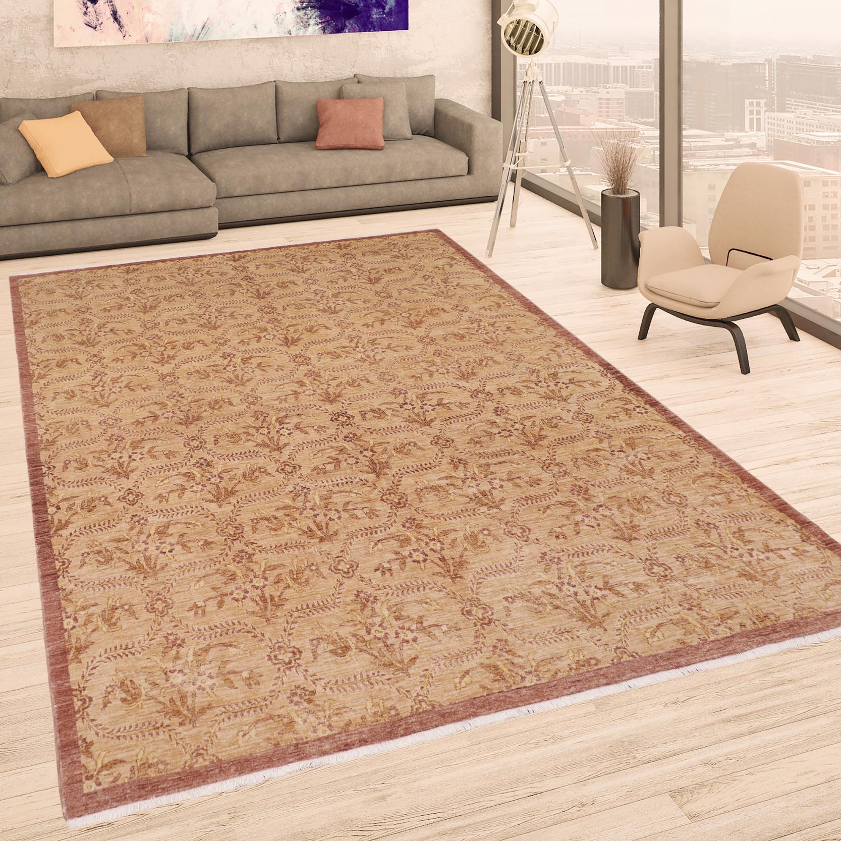 handmade Modern Kafkaz Tan Lt. Gold Hand Knotted RECTANGLE 100% WOOL area rug 8' x 10'