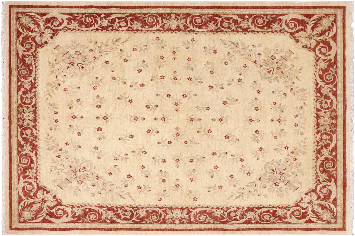 8x10 hand knotted transitional wool rug in beige and rust - Boho Chic Christi