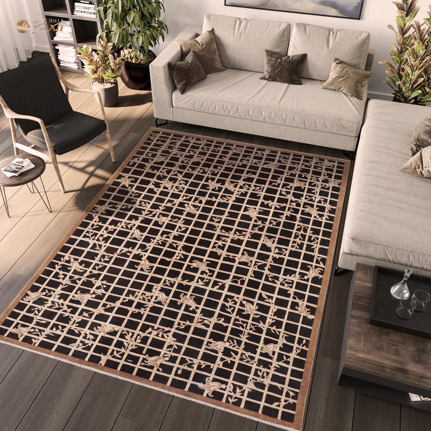 handmade Modern Kafkaz Black Beige Hand Knotted RECTANGLE WOOL&SILK area rug 8' x 10'