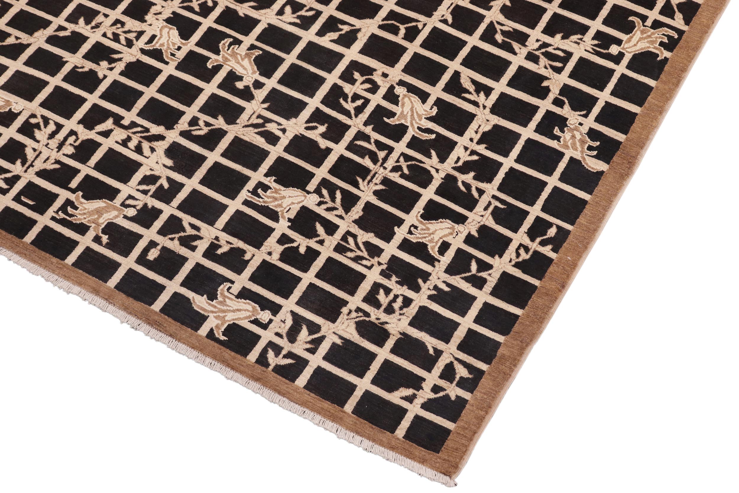 handmade Modern Kafkaz Black Beige Hand Knotted RECTANGLE WOOL&SILK area rug 8' x 10'