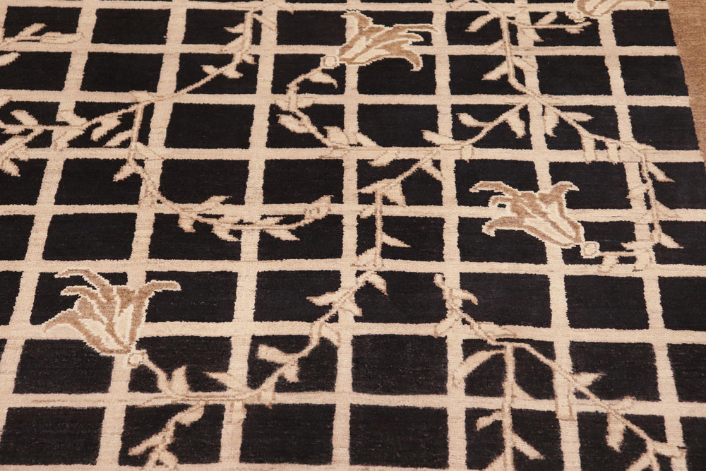 handmade Modern Kafkaz Black Beige Hand Knotted RECTANGLE WOOL&SILK area rug 8' x 10'