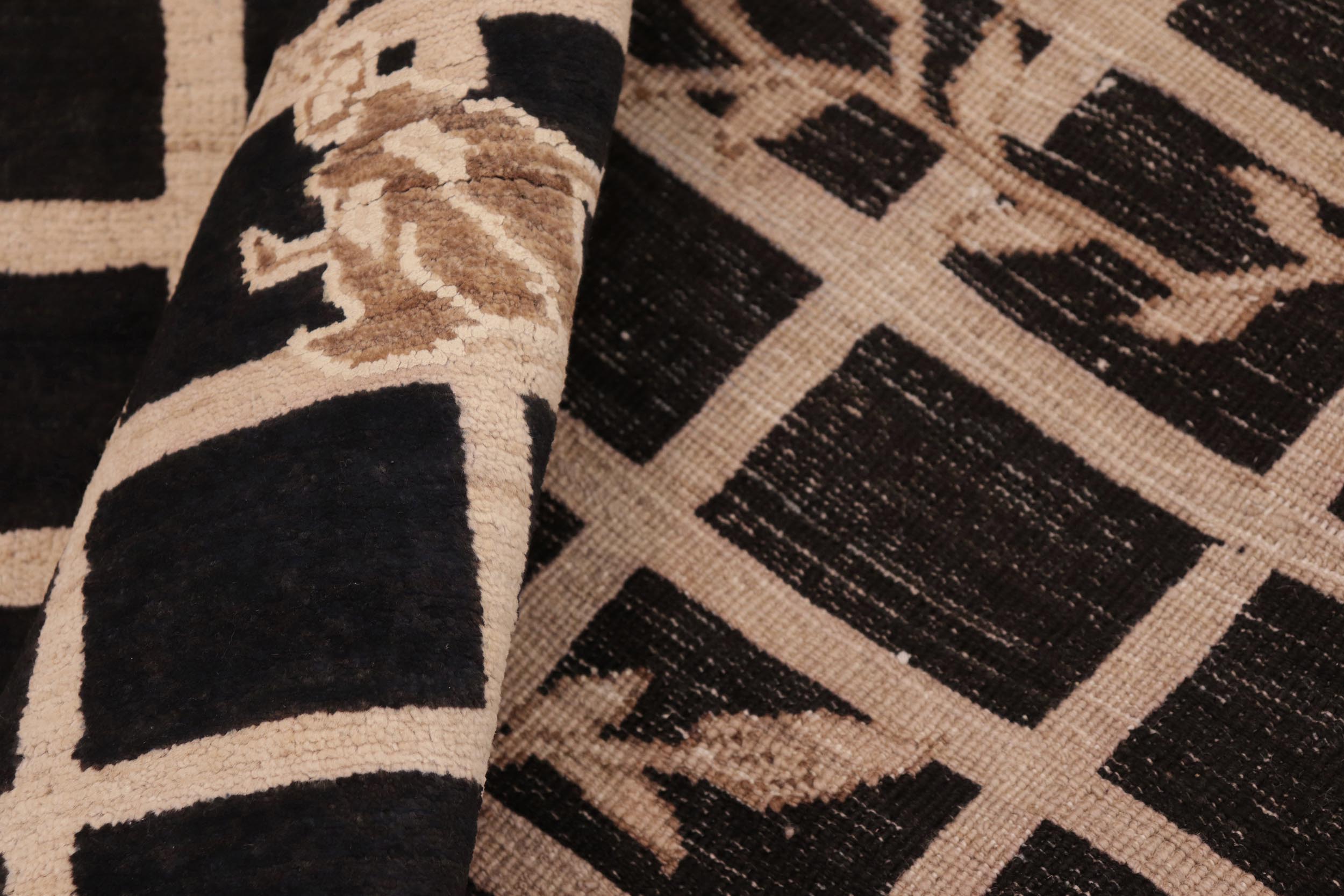 handmade Modern Kafkaz Black Beige Hand Knotted RECTANGLE WOOL&SILK area rug 8' x 10'