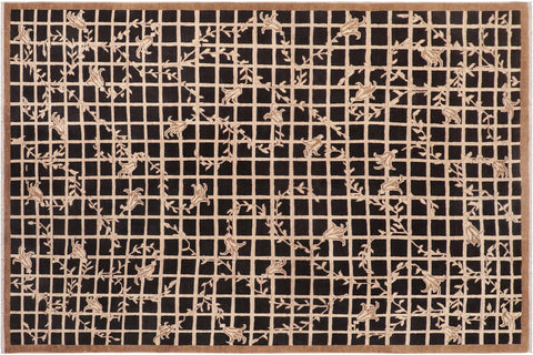 handmade Modern Kafkaz Black Beige Hand Knotted RECTANGLE WOOL&SILK area rug 8' x 10'
