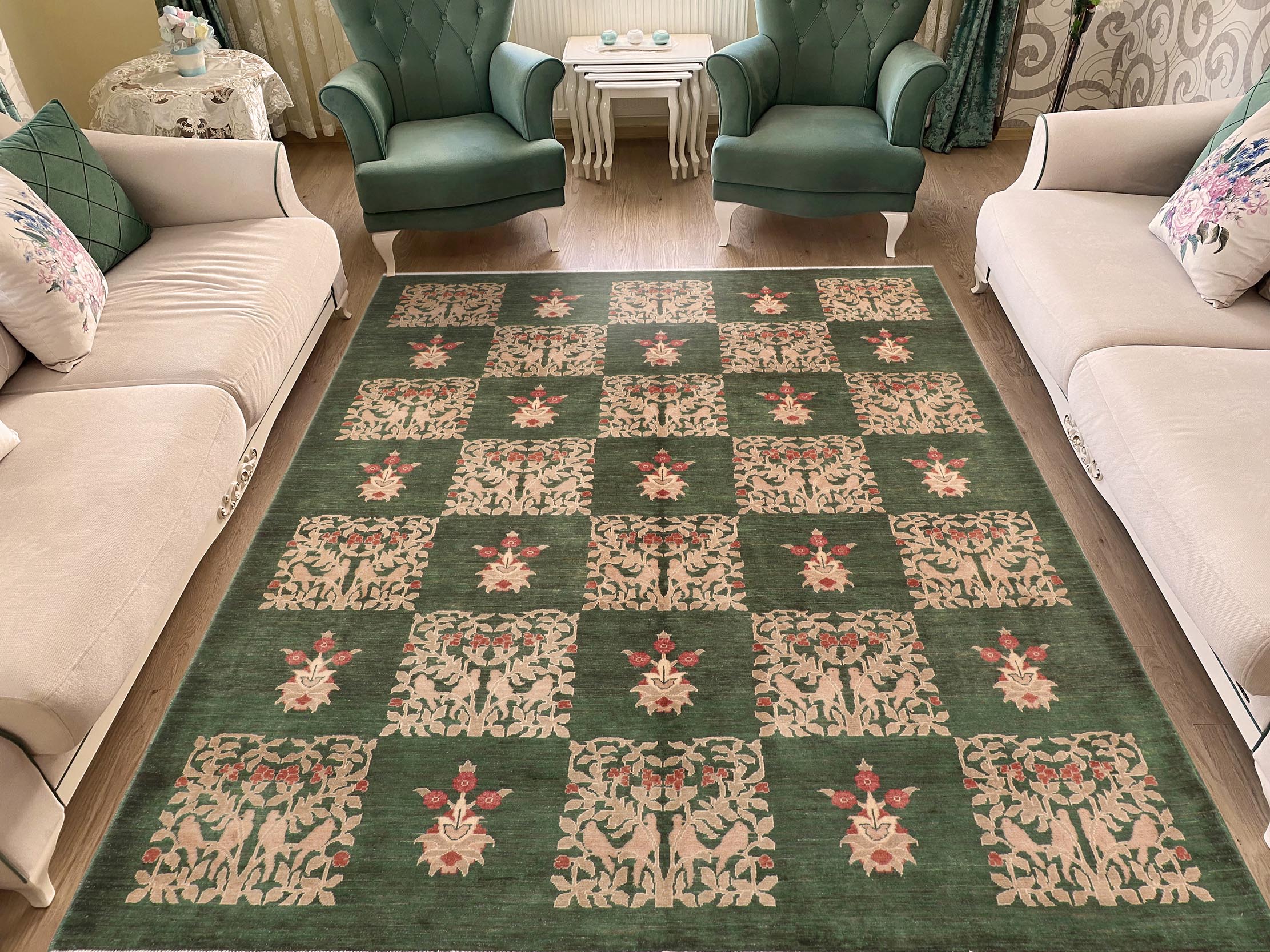 handmade Modern Kafkaz Green Rust Hand Knotted RECTANGLE 100% WOOL area rug 8' x 10'