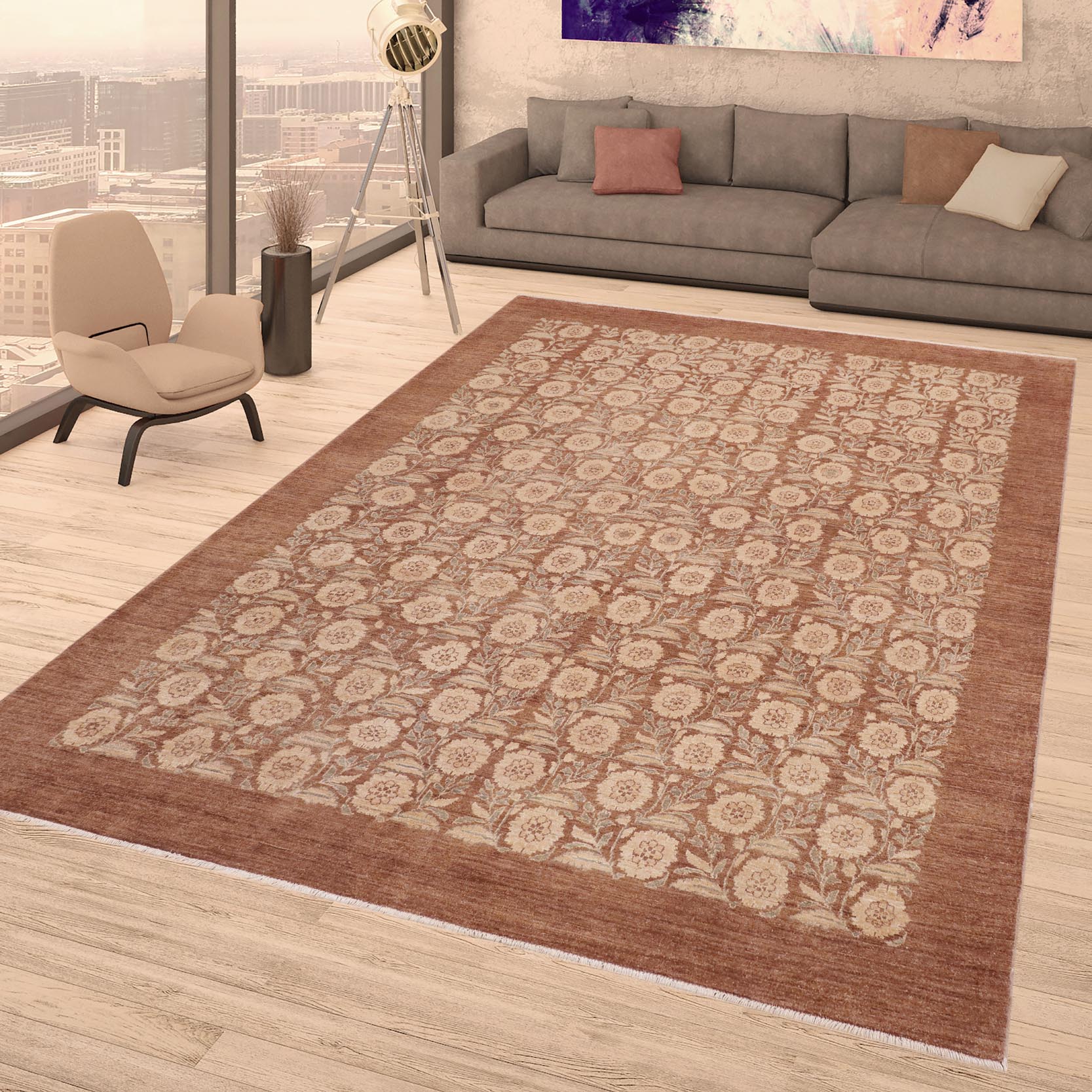 handmade Modern Kafkaz Brown Beige Hand Knotted RECTANGLE 100% WOOL area rug 8' x 10'