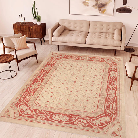 handmade Transitional Kafkaz Beige Red Hand Knotted RECTANGLE 100% WOOL area rug 8' x 9'
