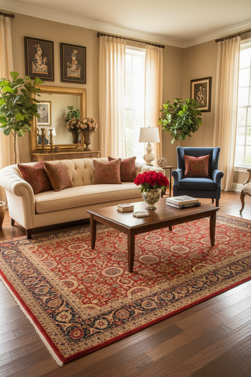 Hand-knotted Tabriz rug styled in a living room, 9x12