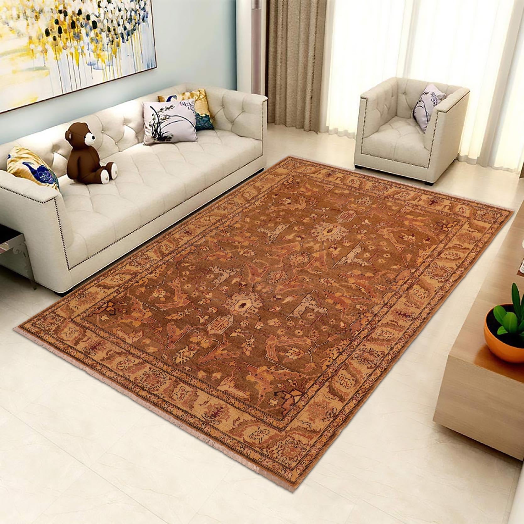 handmade Traditional Antique Gold Ivory Hand Knotted RECTANGLE 100% WOOL area rug 8x10