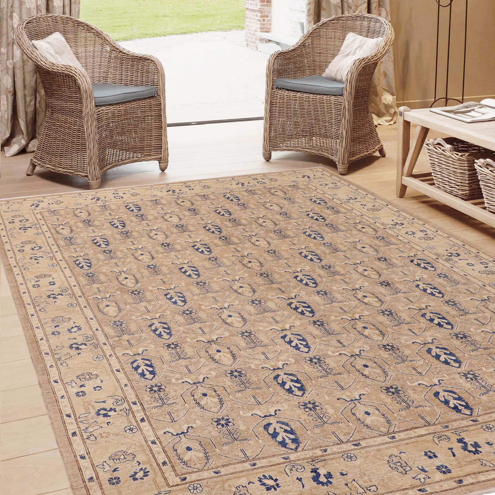 handmade Transitional Kafkaz Tan Blue Hand Knotted RECTANGLE 100% WOOL area rug 8' x 10'