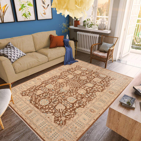 handmade Transitional Kafkaz Brown Beige Hand Knotted RECTANGLE 100% WOOL area rug 8' x 10'