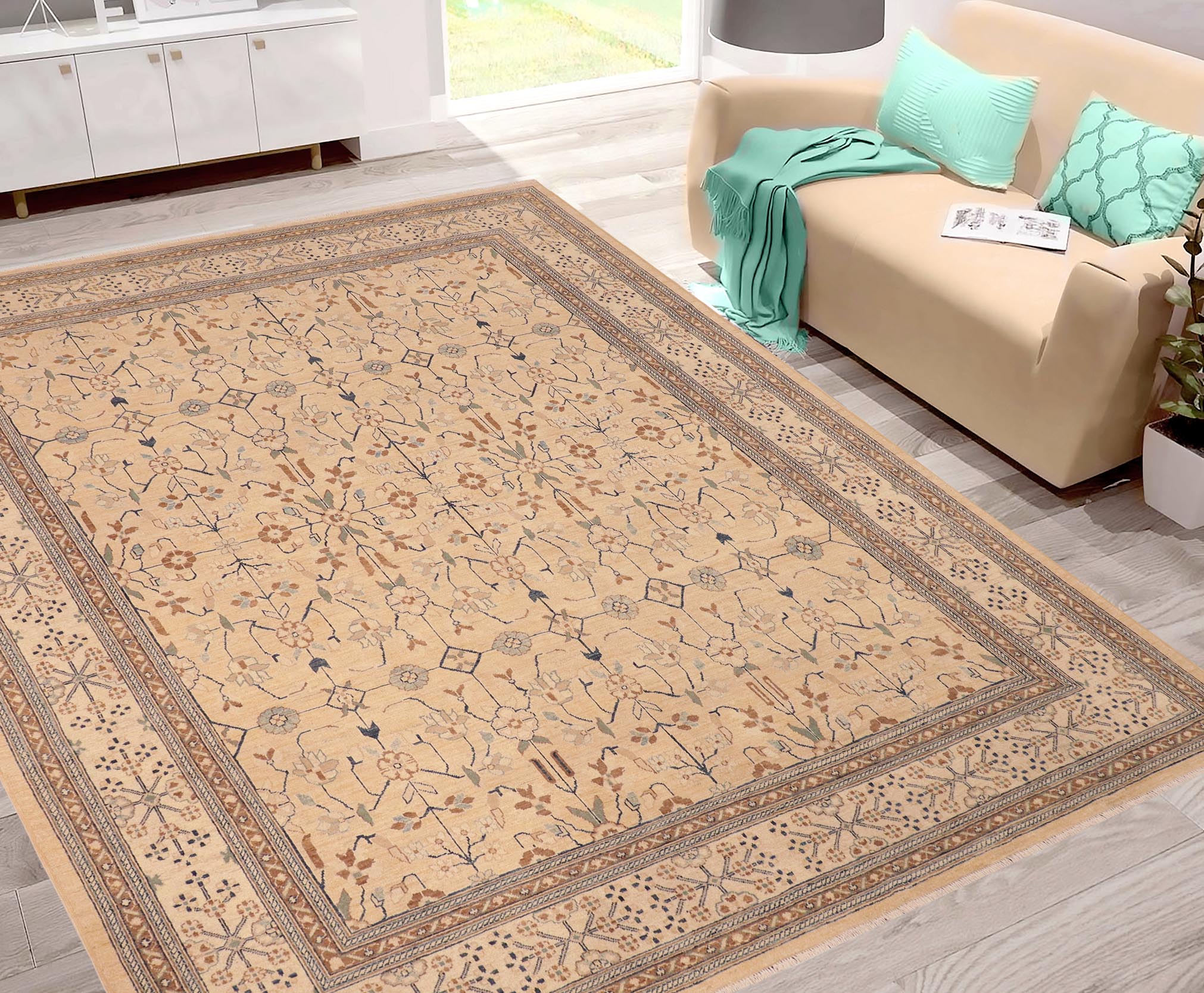 handmade Transitional Kafkaz Tan Beige Hand Knotted RECTANGLE 100% WOOL area rug 8' x 10'