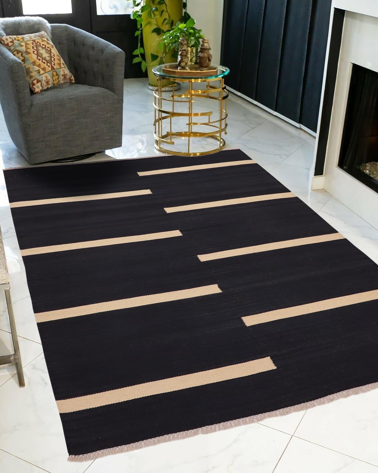 handmade Modern Kilim Black Beige Hand-Woven RECTANGLE 100% WOOL area rug 4x6