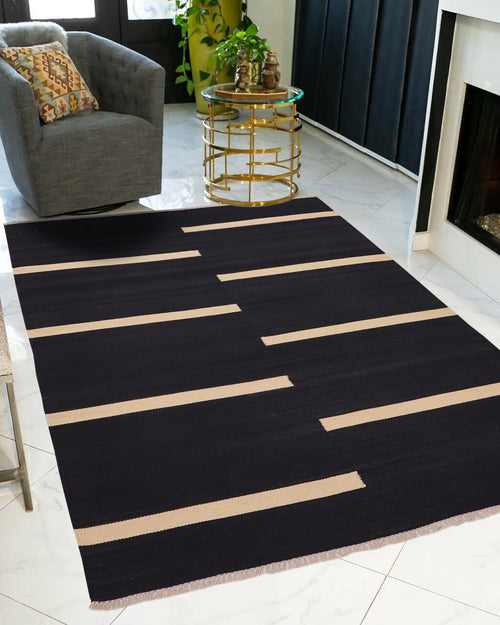 handmade Modern Kilim Black Beige Hand-Woven RECTANGLE 100% WOOL area rug 4x6