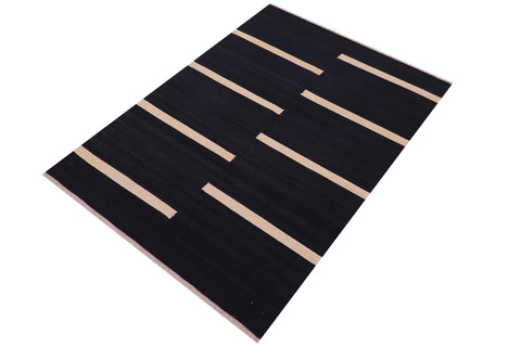 handmade Modern Kilim Black Beige Hand-Woven RECTANGLE 100% WOOL area rug 4x6