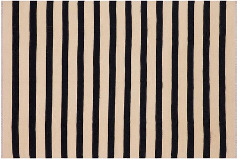 handmade Modern Kilim Beige Black Hand-Woven RECTANGLE 100% WOOL area rug 5x6