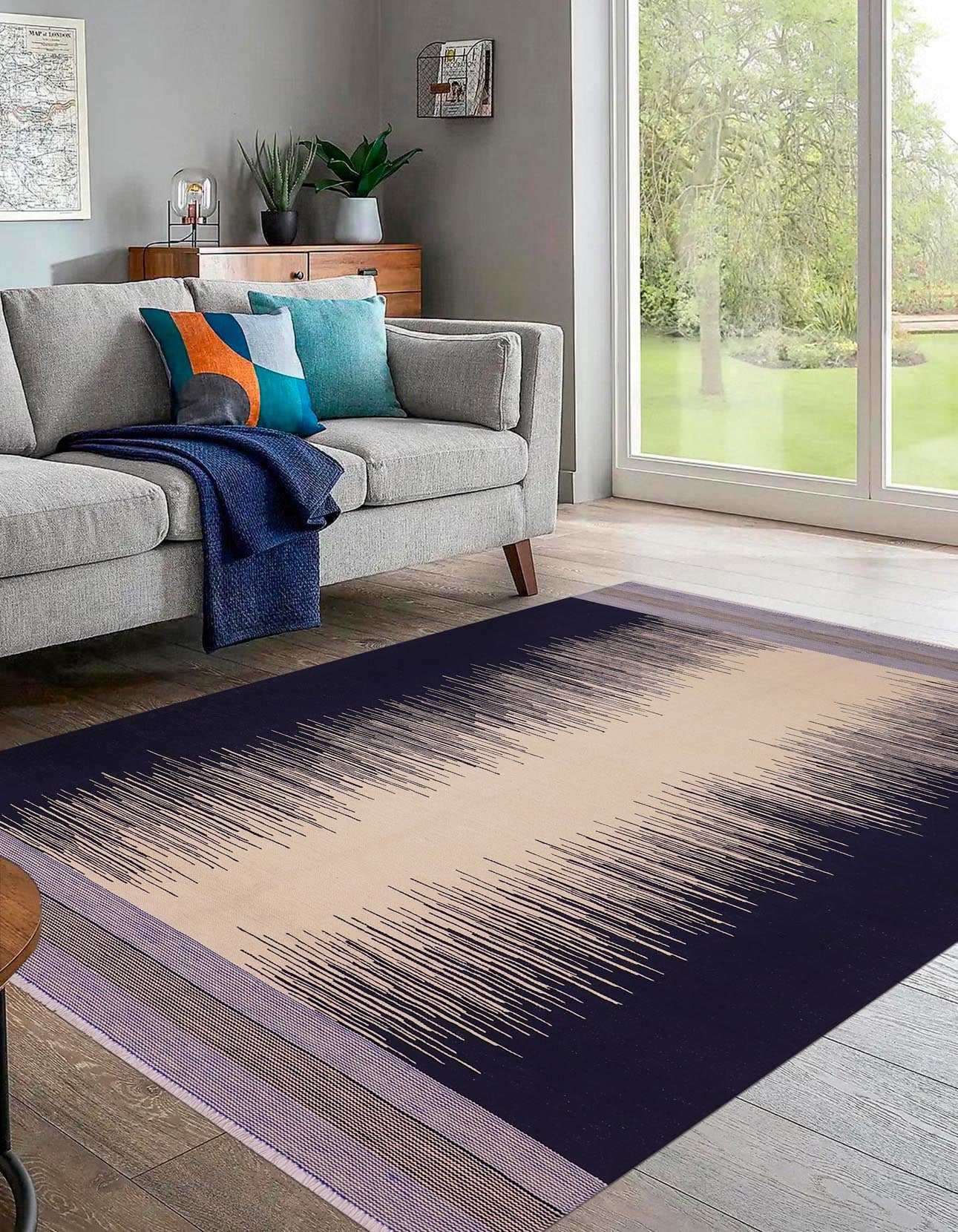 handmade Modern Kilim Beige Blue Hand-Woven RECTANGLE 100% WOOL area rug 5 x 8