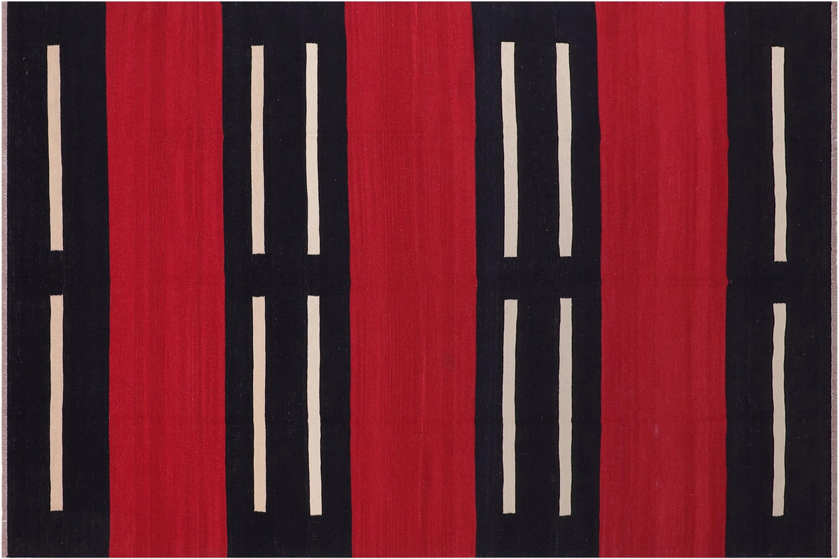 7x10 hand woven Turkish Modern Kilim wool rug in red and beige - Turkish Bohemian