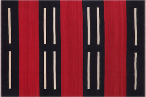 7x10 hand woven Turkish Modern Kilim wool rug in red and beige - Turkish Bohemian