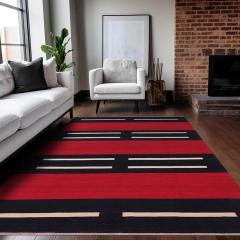 handmade Modern Kilim Red Beige Hand-Woven RECTANGLE 100% WOOL area rug 7 x 10