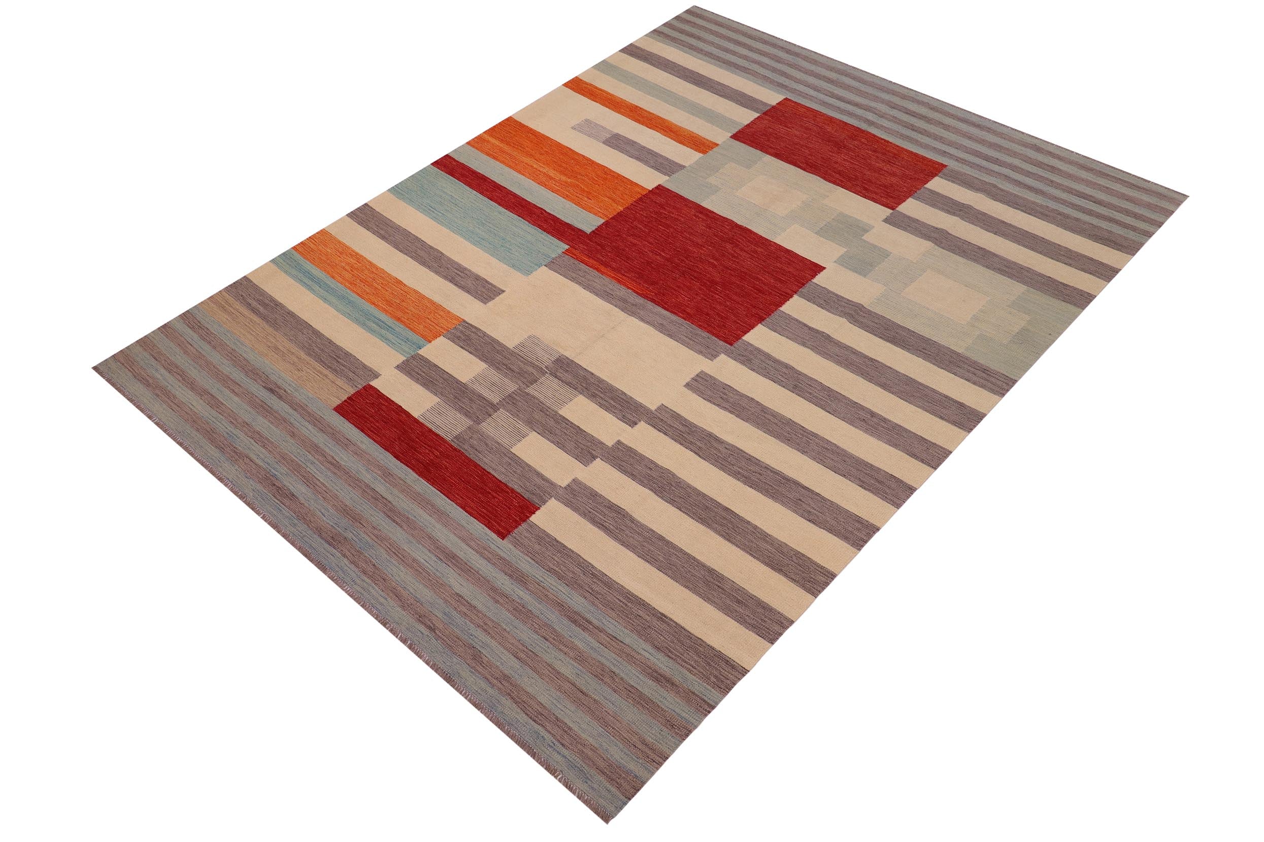handmade Modern Kilim Blue Gray Hand-Woven RECTANGLE 100% WOOL area rug 8 x 11
