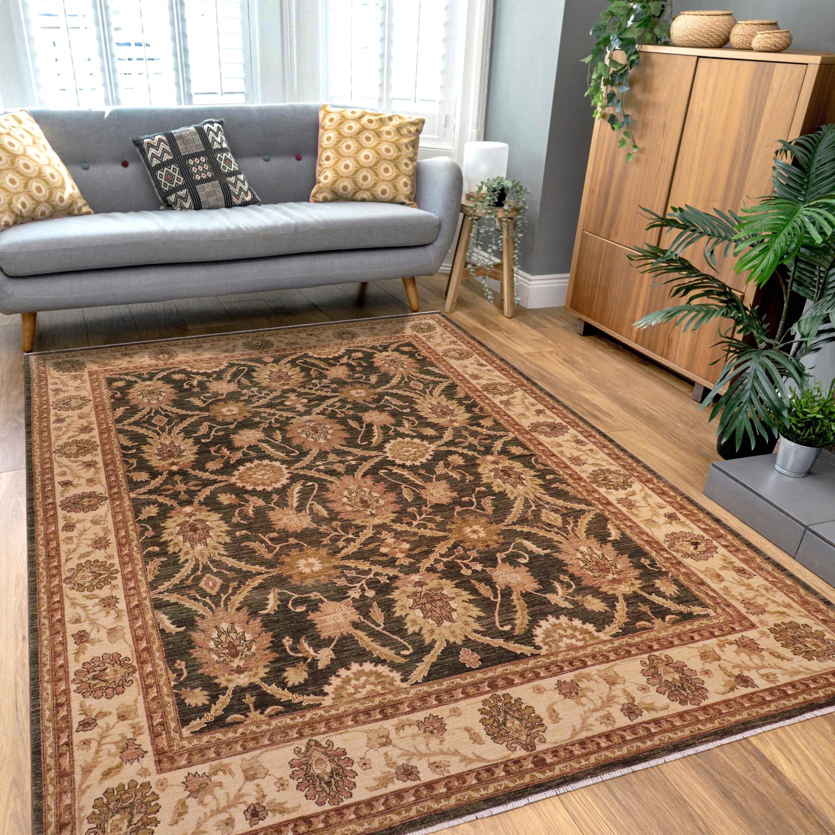 handmade Transitional Kafkaz Charcoal Beige Hand Knotted RECTANGLE 100% WOOL area rug 8' x 10'