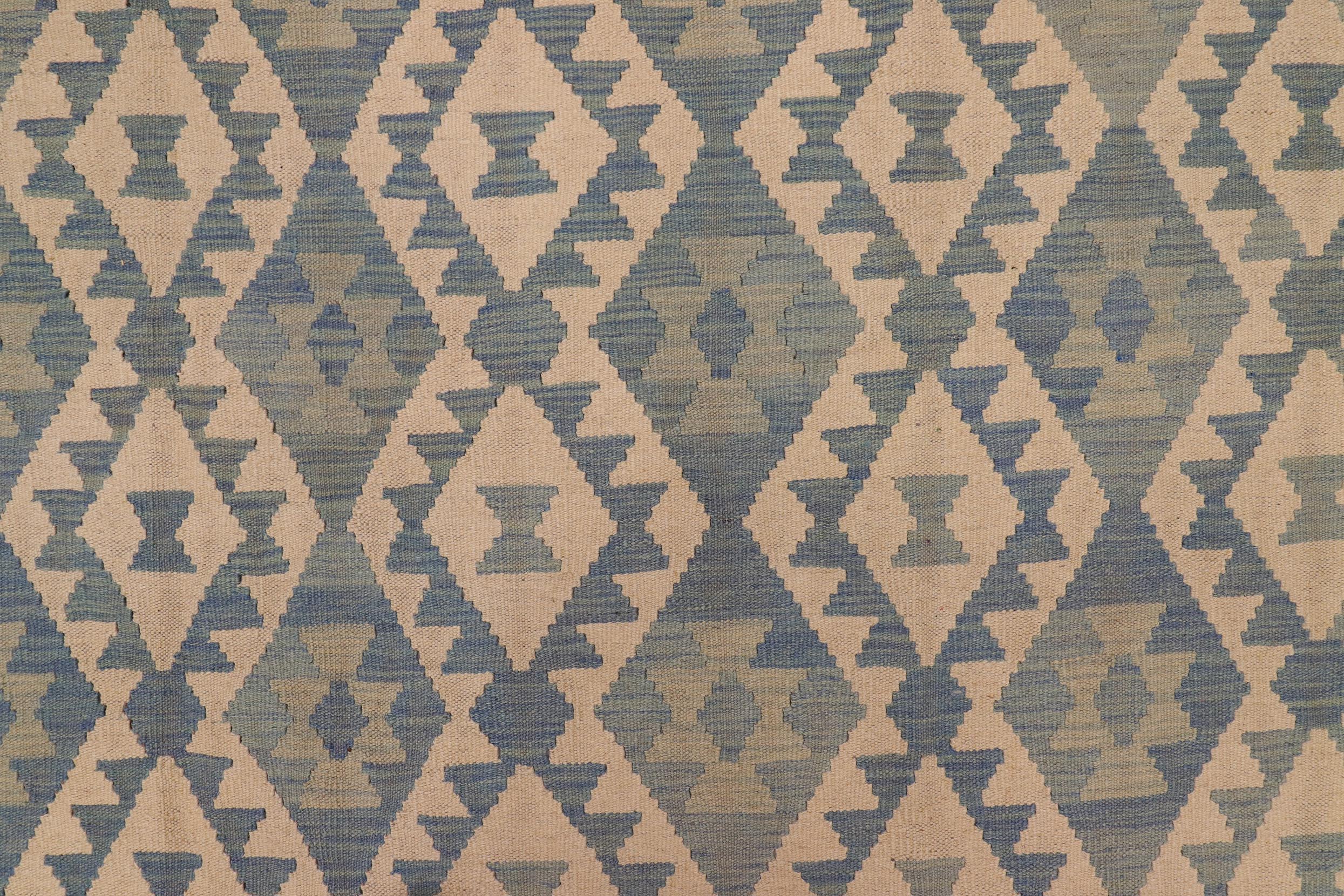 handmade Geometric Kilim Blue Beige Hand-Woven RECTANGLE 100% WOOL area rug 8x10