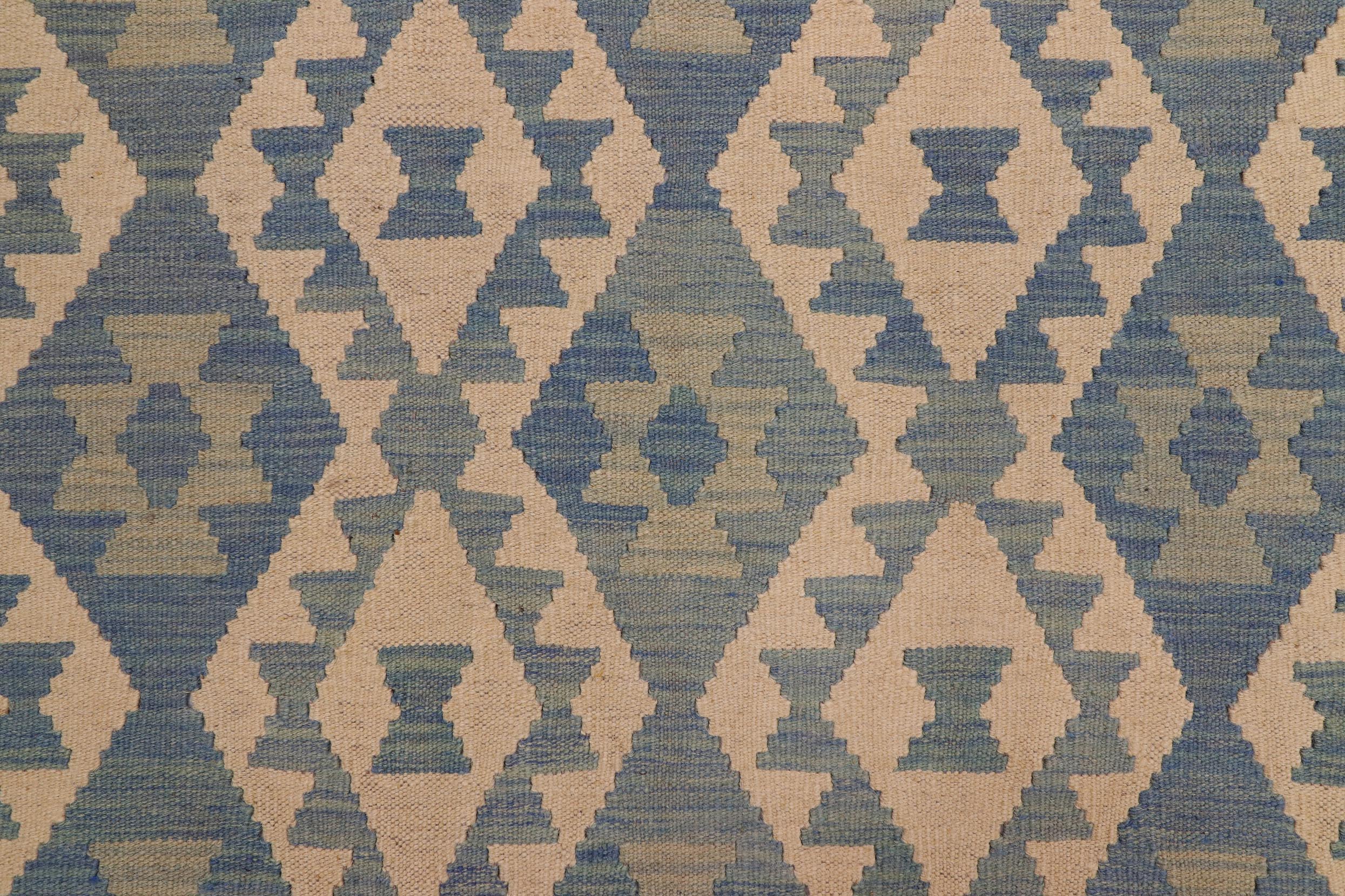 handmade Geometric Kilim Blue Beige Hand-Woven RECTANGLE 100% WOOL area rug 8x10