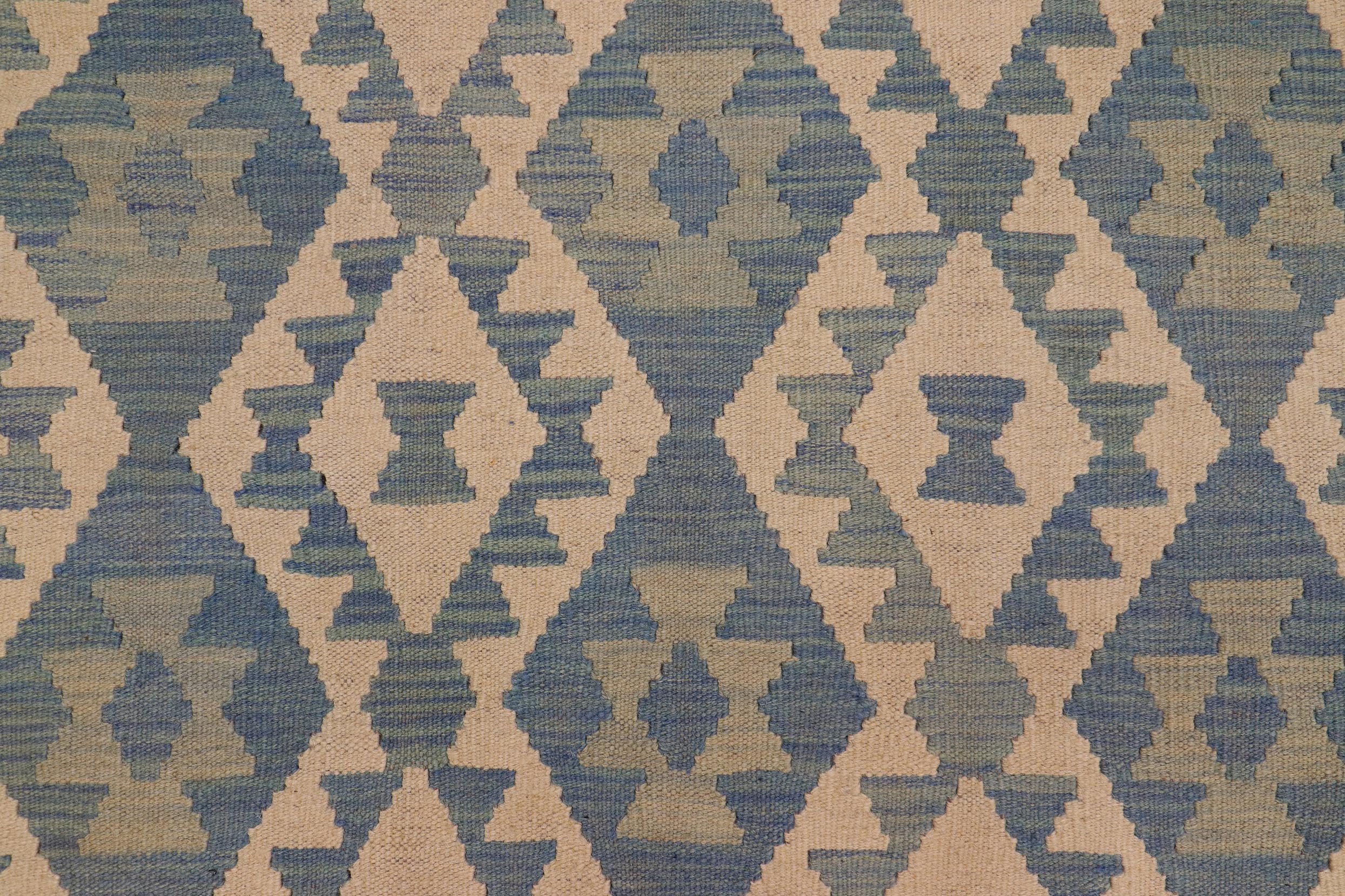 handmade Geometric Kilim Blue Beige Hand-Woven RECTANGLE 100% WOOL area rug 8x10