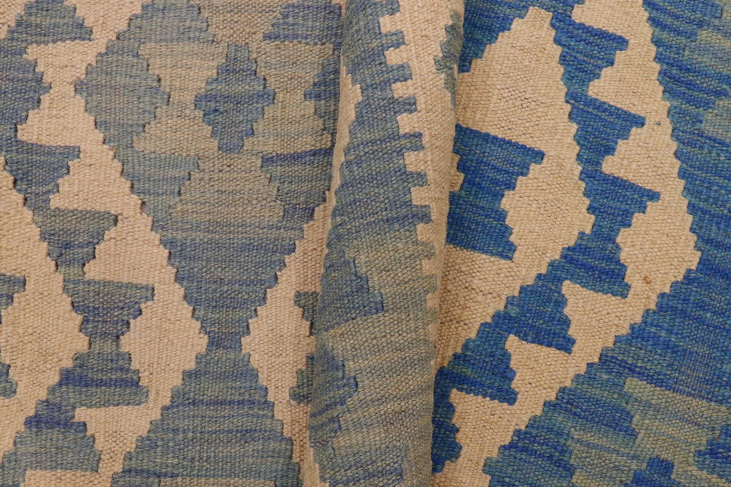 handmade Geometric Kilim Blue Beige Hand-Woven RECTANGLE 100% WOOL area rug 8x10