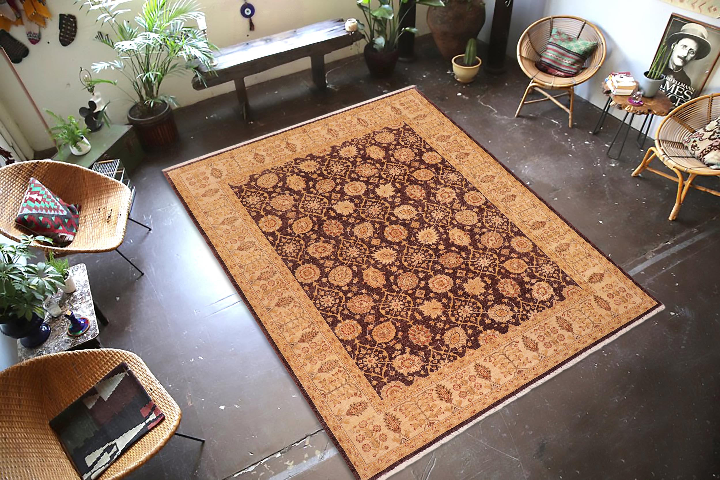 handmade Transitional Kafkaz Aubergine Beige Hand Knotted RECTANGLE 100% WOOL area rug 8' x 9'
